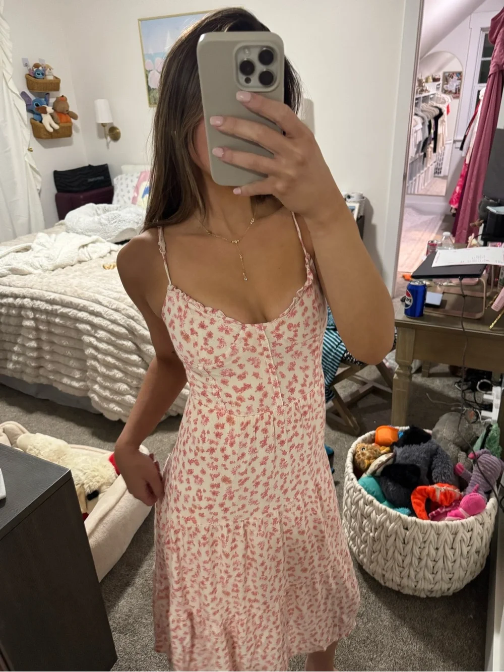 Women’s Cream Midi Sundress with Pink Floral Print